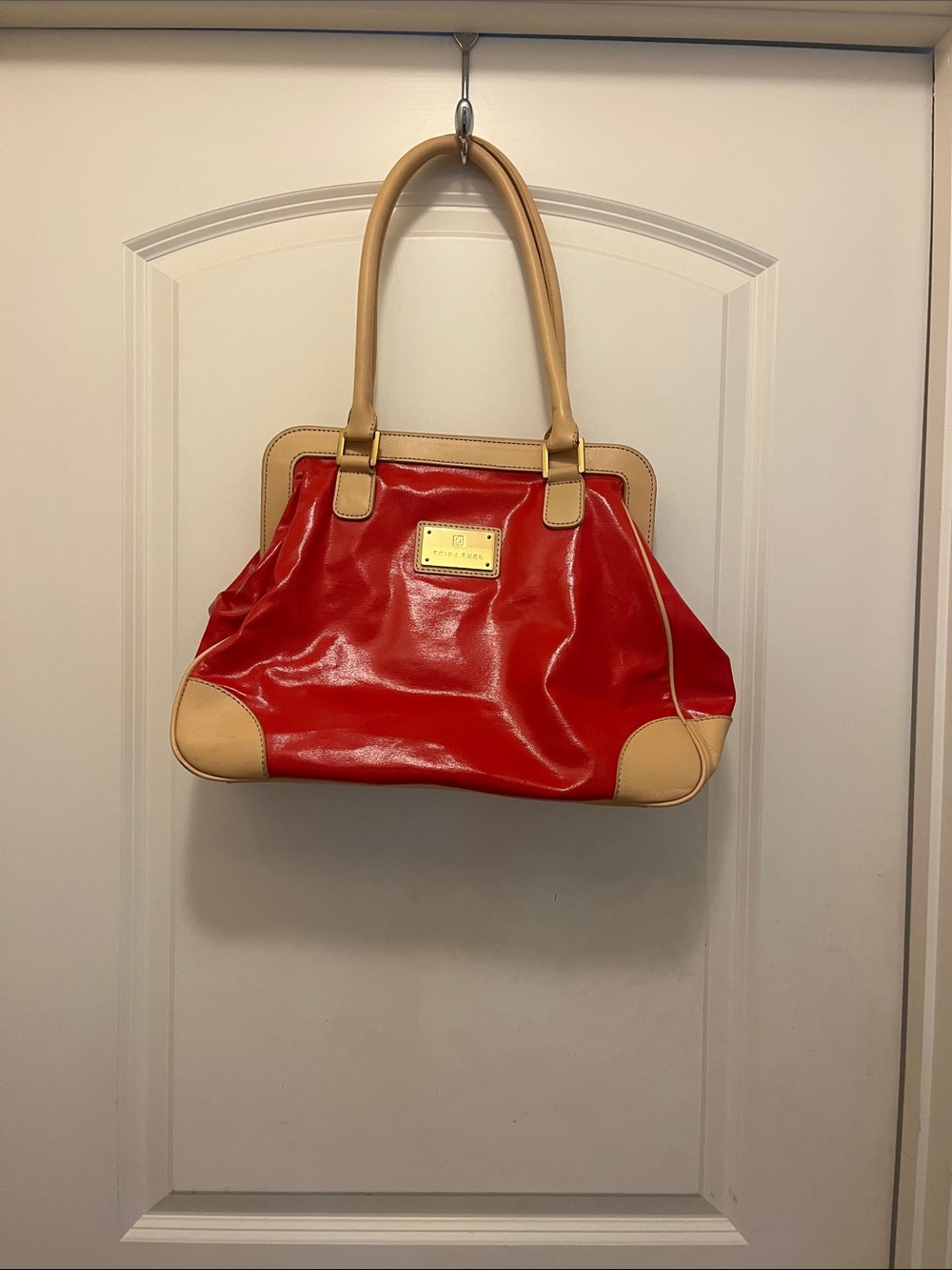 Trina Turk Red Patent Shoulder Tote with Tan Trim